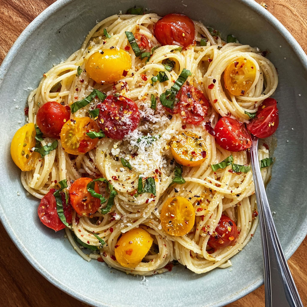A bowl of spaghetti with tomatoes, basil, and chili flakes.