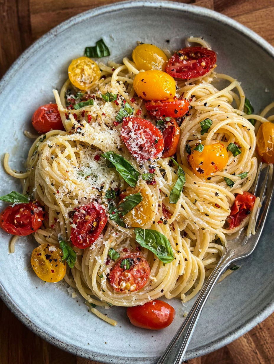 A bowl of spaghetti with tomatoes, basil, and chili flakes.