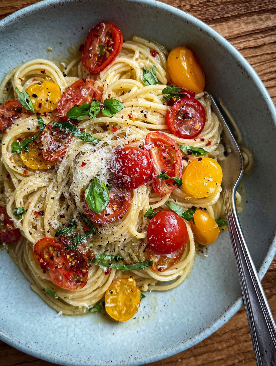 A bowl of spaghetti with tomatoes, basil, and chili flakes.