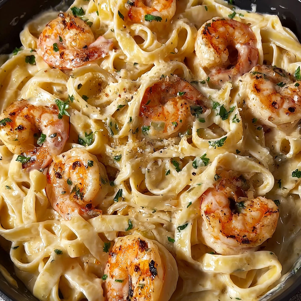 A bowl of pasta with shrimp and herbs.