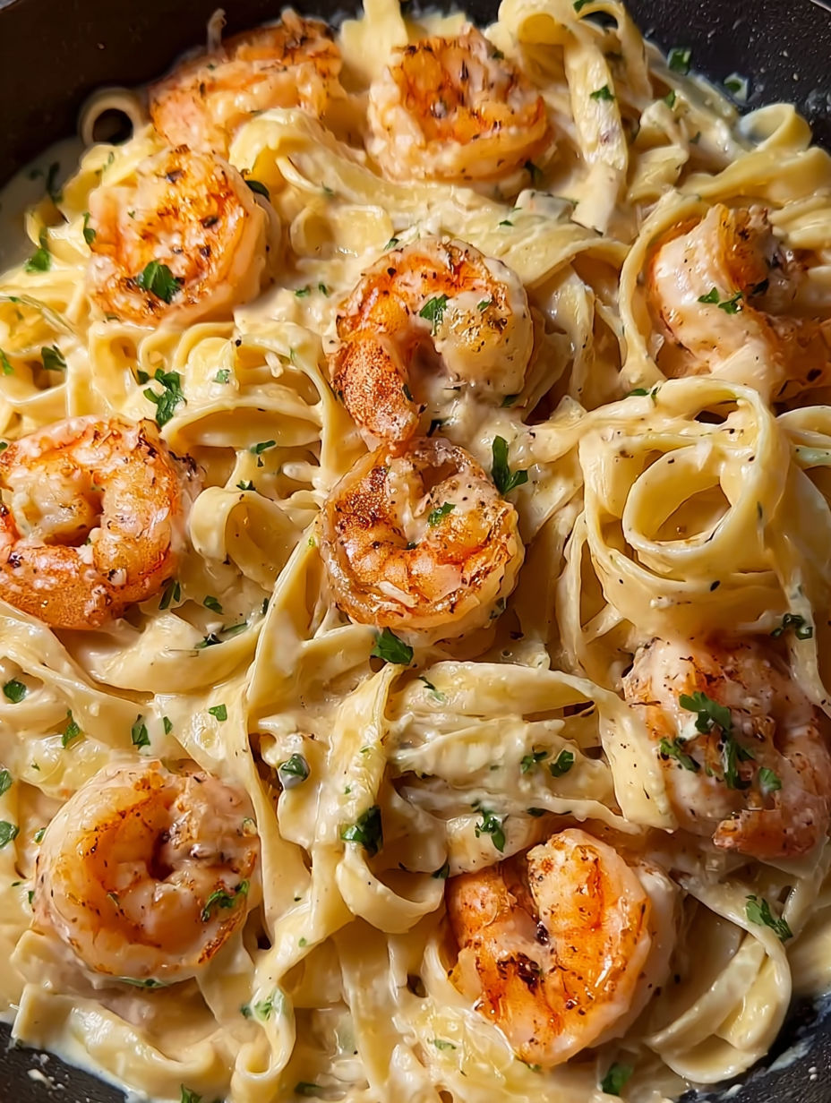 A bowl of shrimp and pasta.
