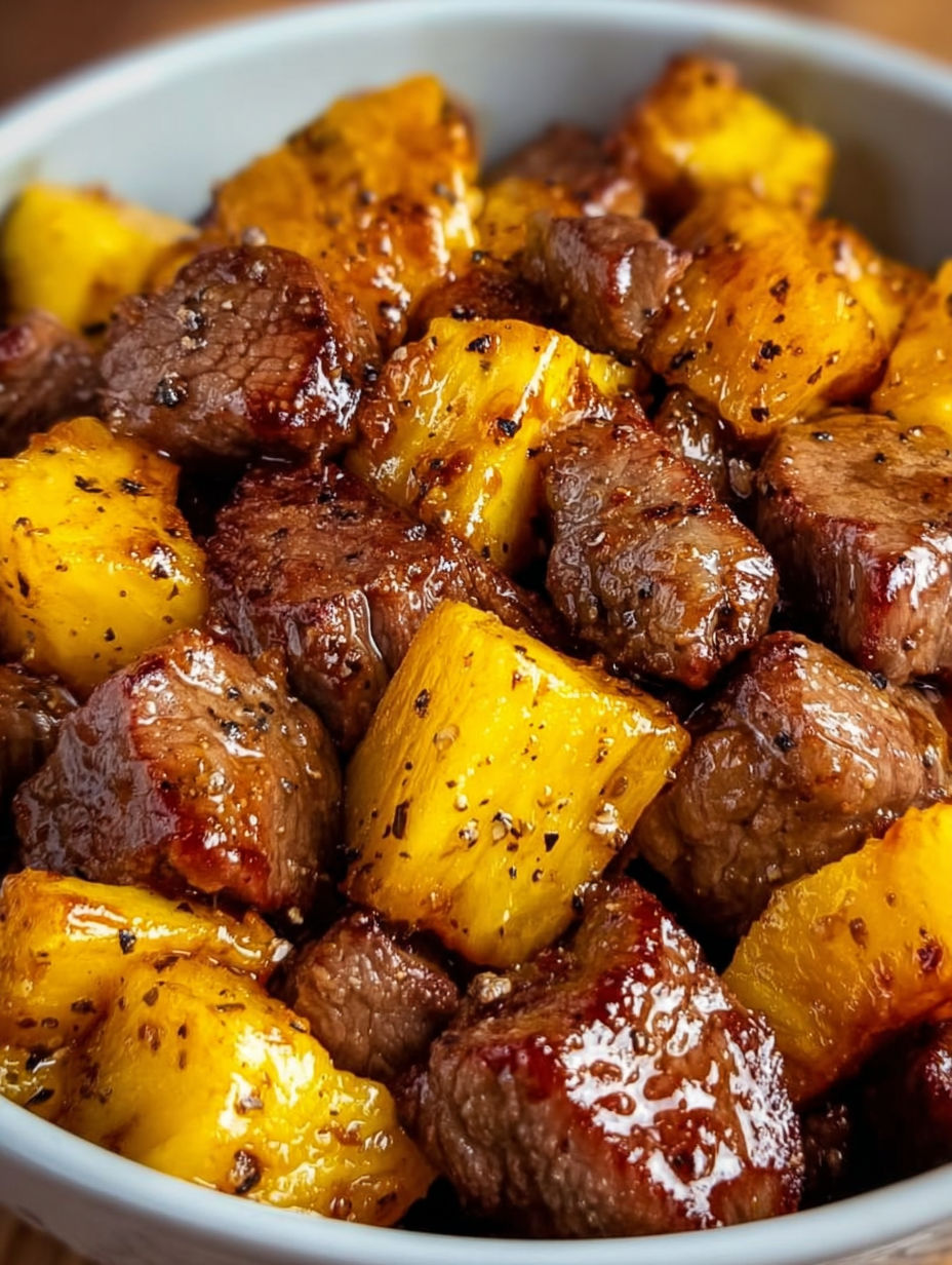 A close up of a stir fry with meat and pineapple.