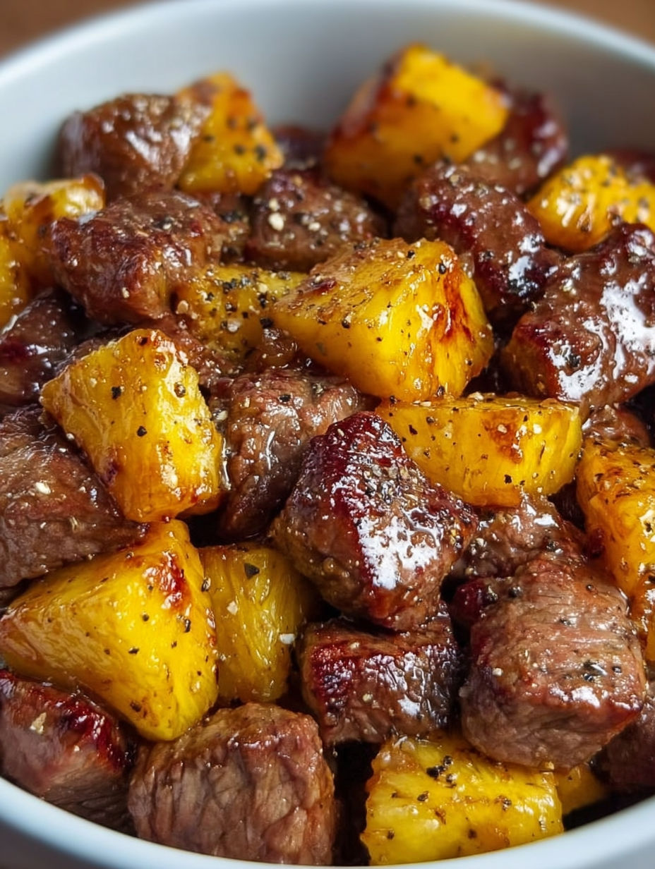 A dish of meat and fruit.