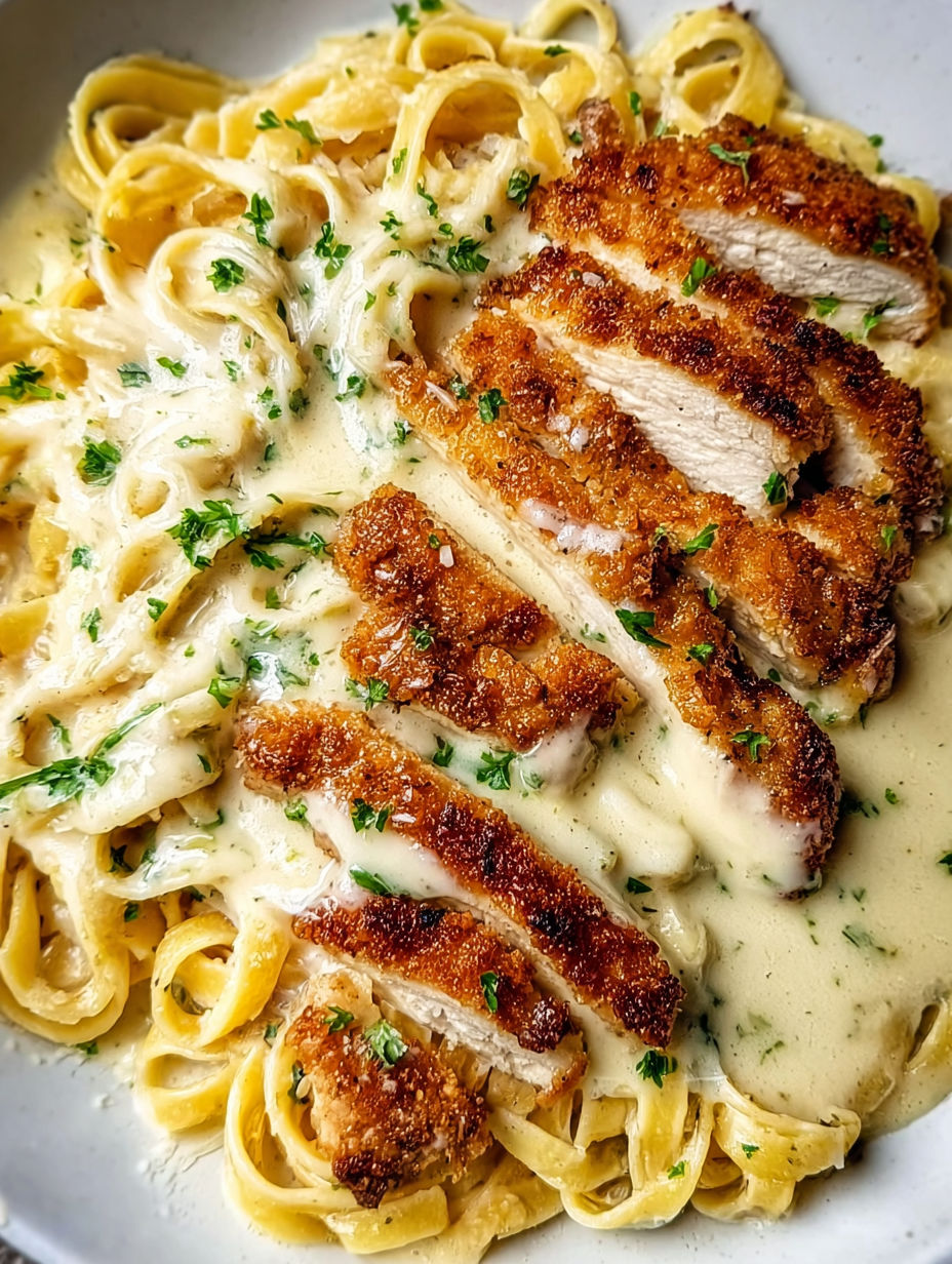 A plate of chicken fettuccine alfredo.