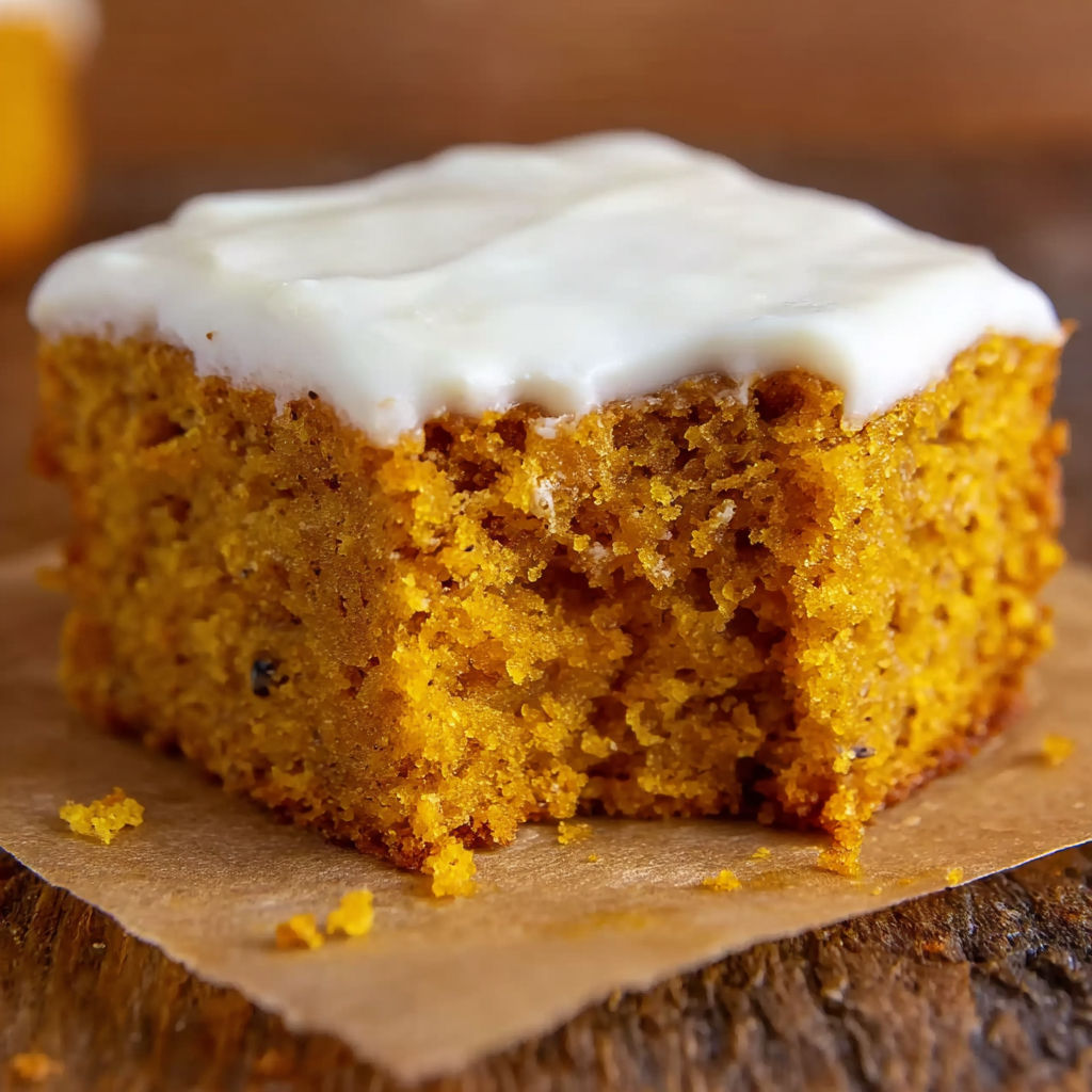 A slice of pumpkin bars with cream cheese frosting.