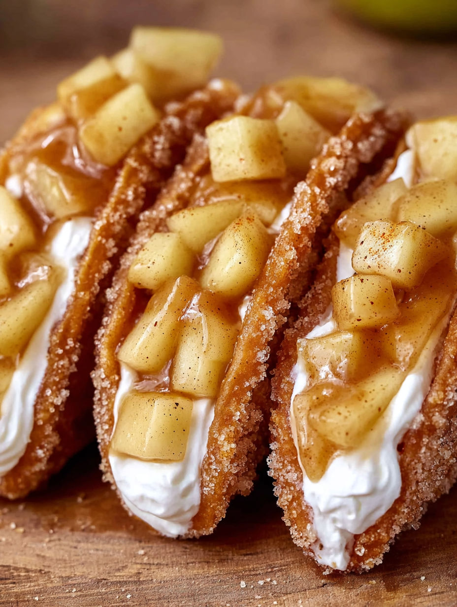 Two apple pie tacos with caramel sauce.