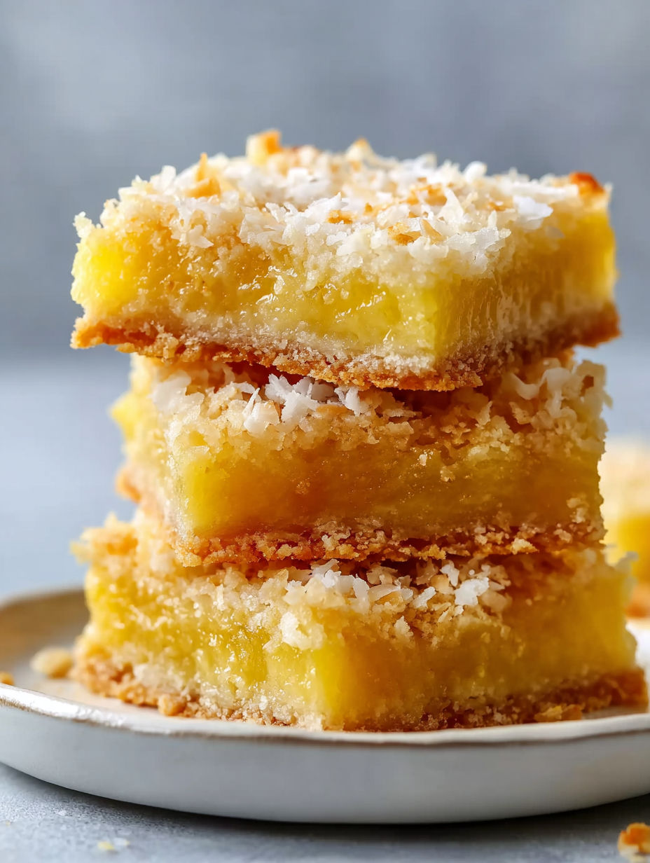 Three layers of coconut lemon bars stacked on a plate.