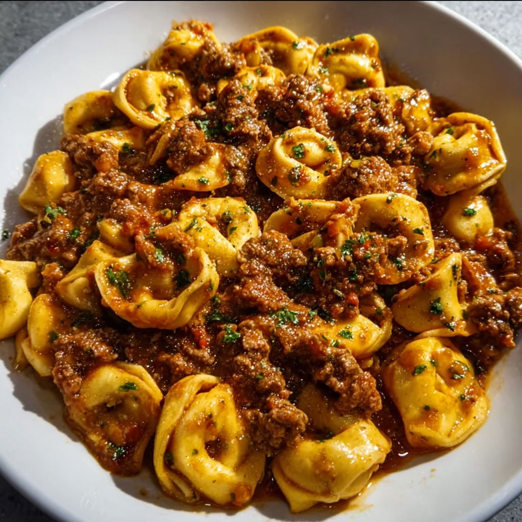 A bowl of pasta with meat sauce.
