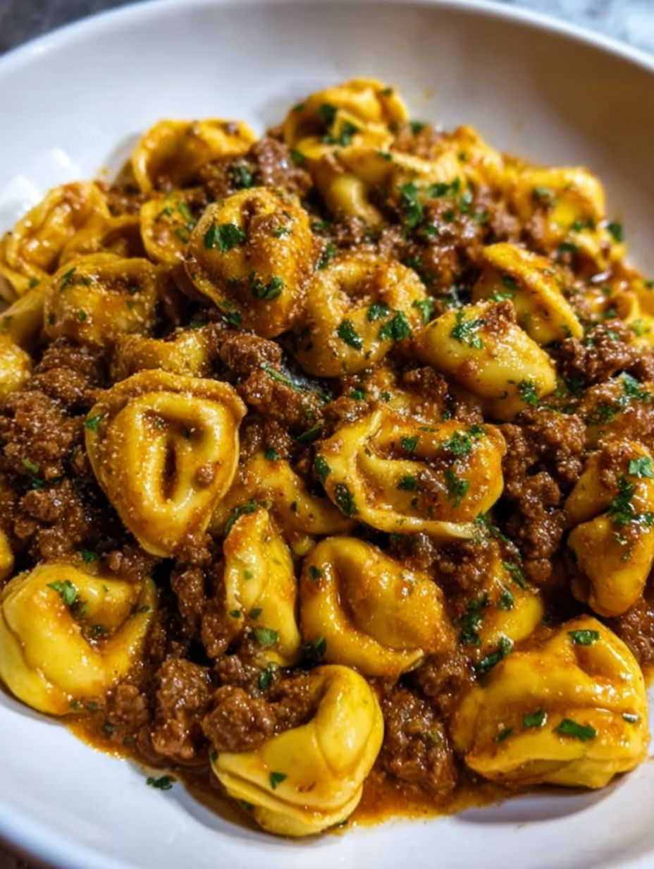 A plate of pasta with a brown sauce.