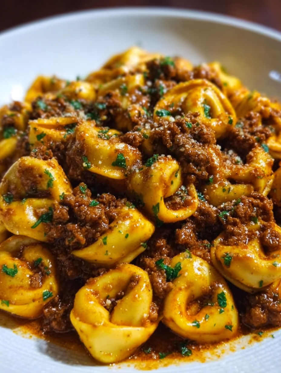 A plate of pasta with meat sauce.