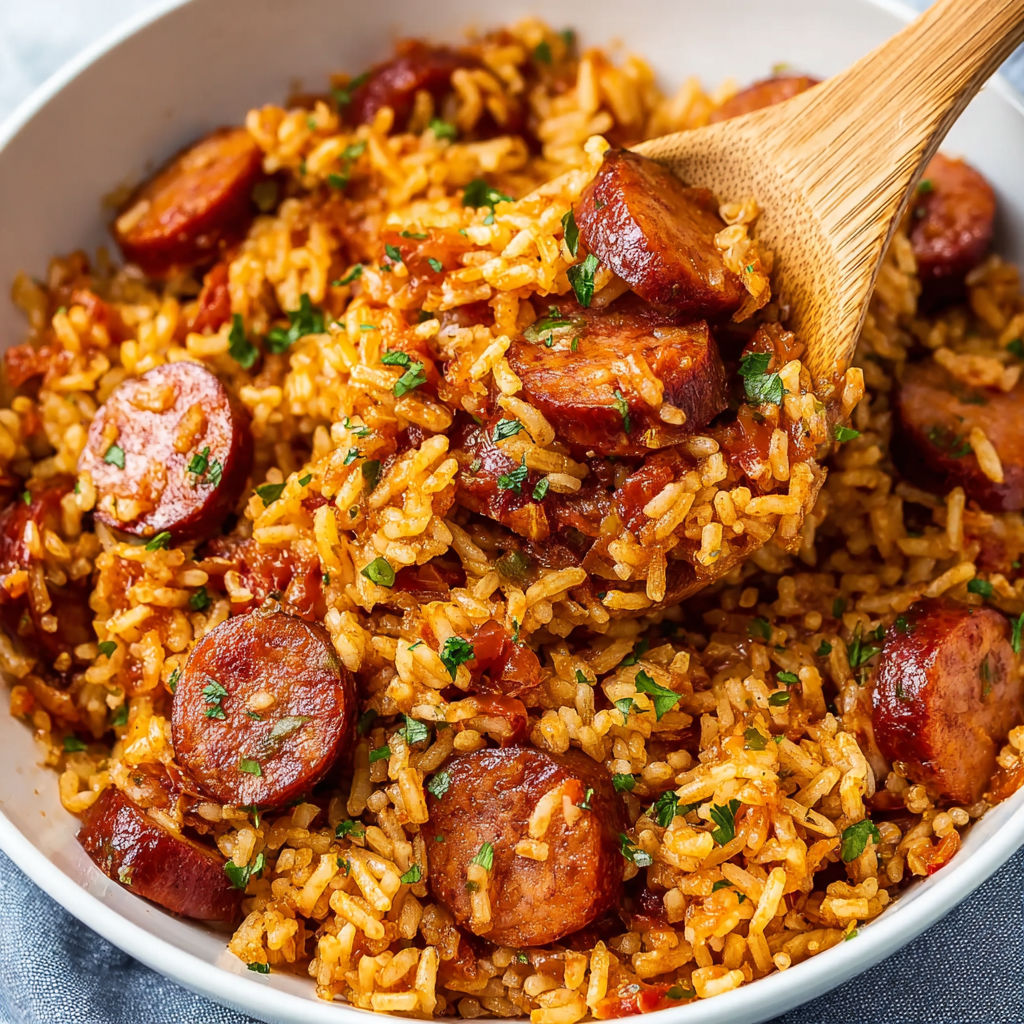 A bowl of rice and sausage.
