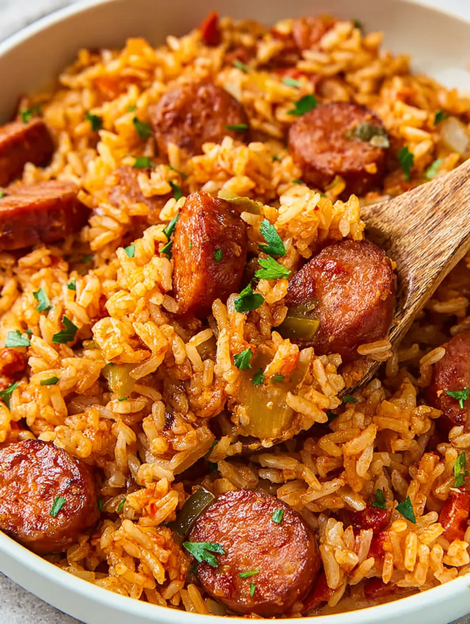 A bowl of rice and sausage.