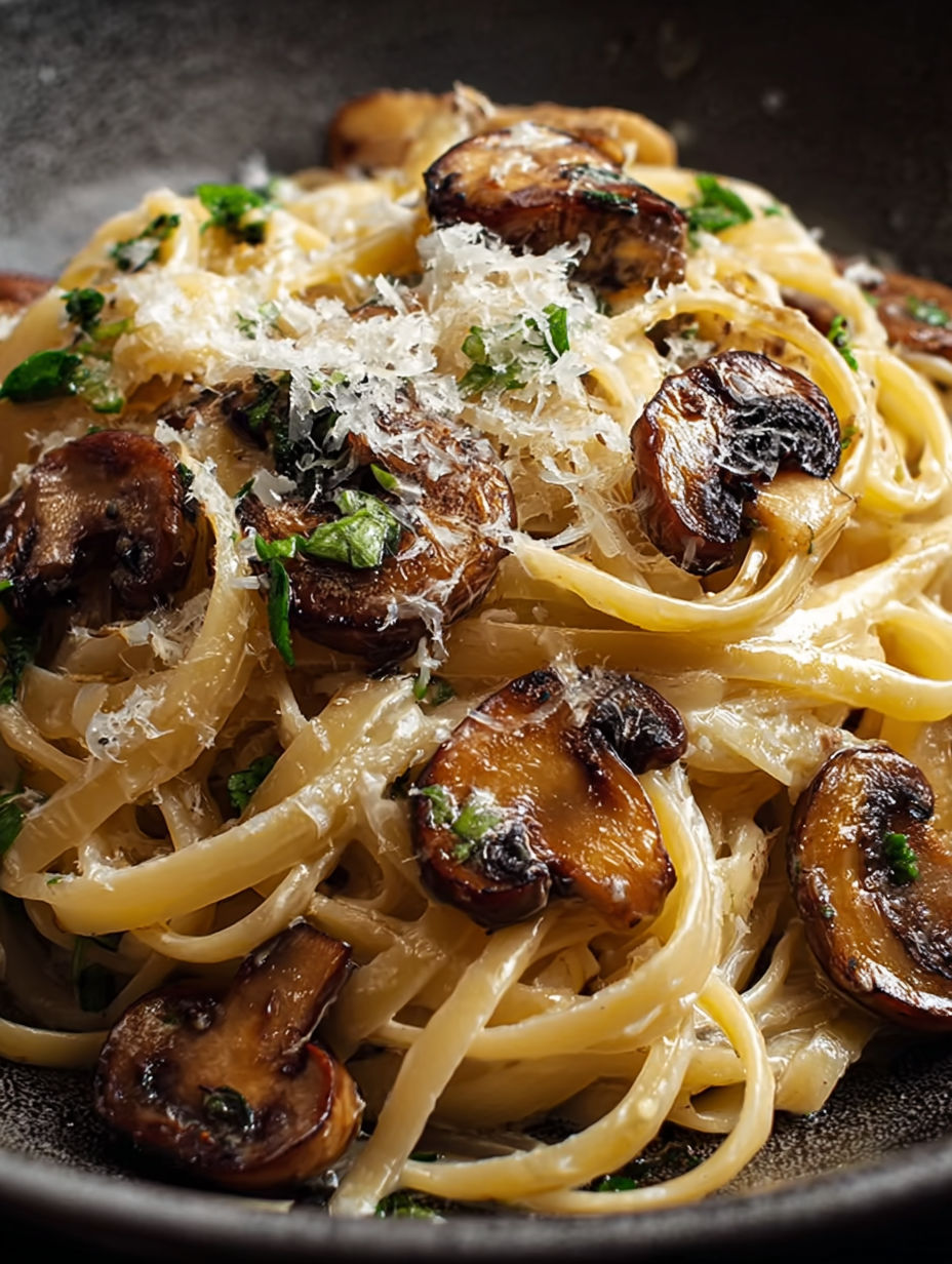 A bowl of pasta with mushrooms and cheese.