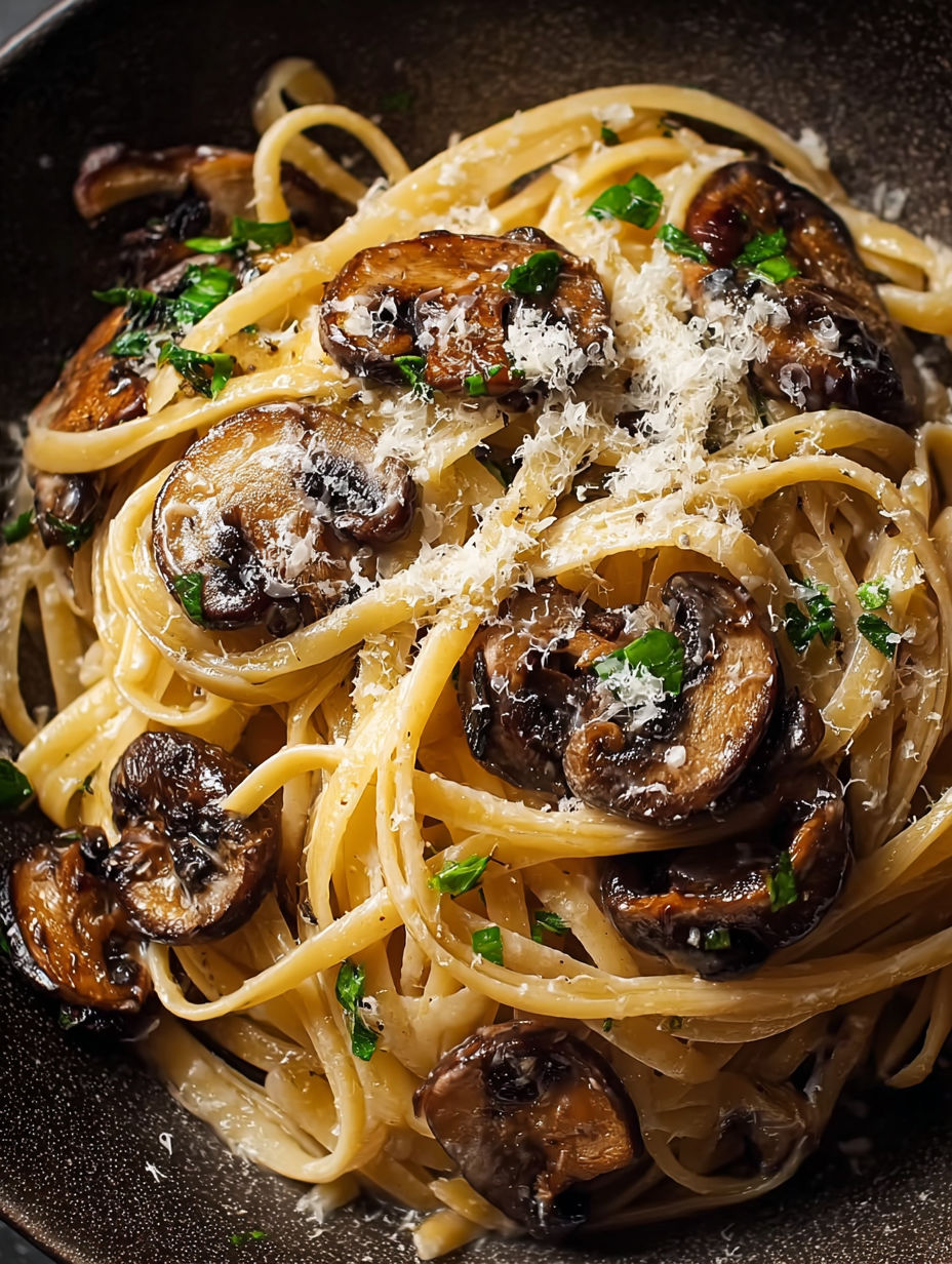 A bowl of pasta with mushrooms and cheese.