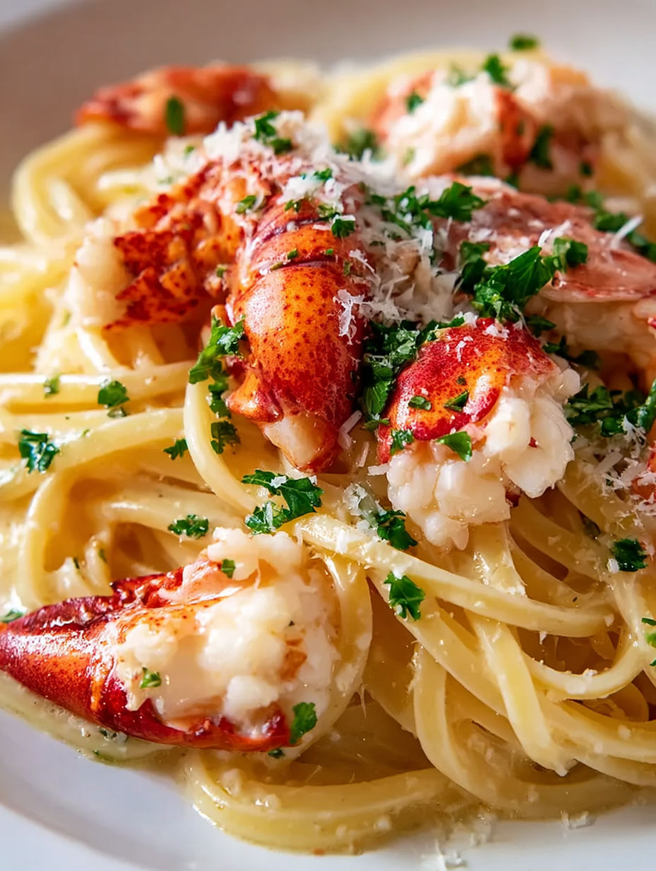 A plate of pasta with lobster and herbs.