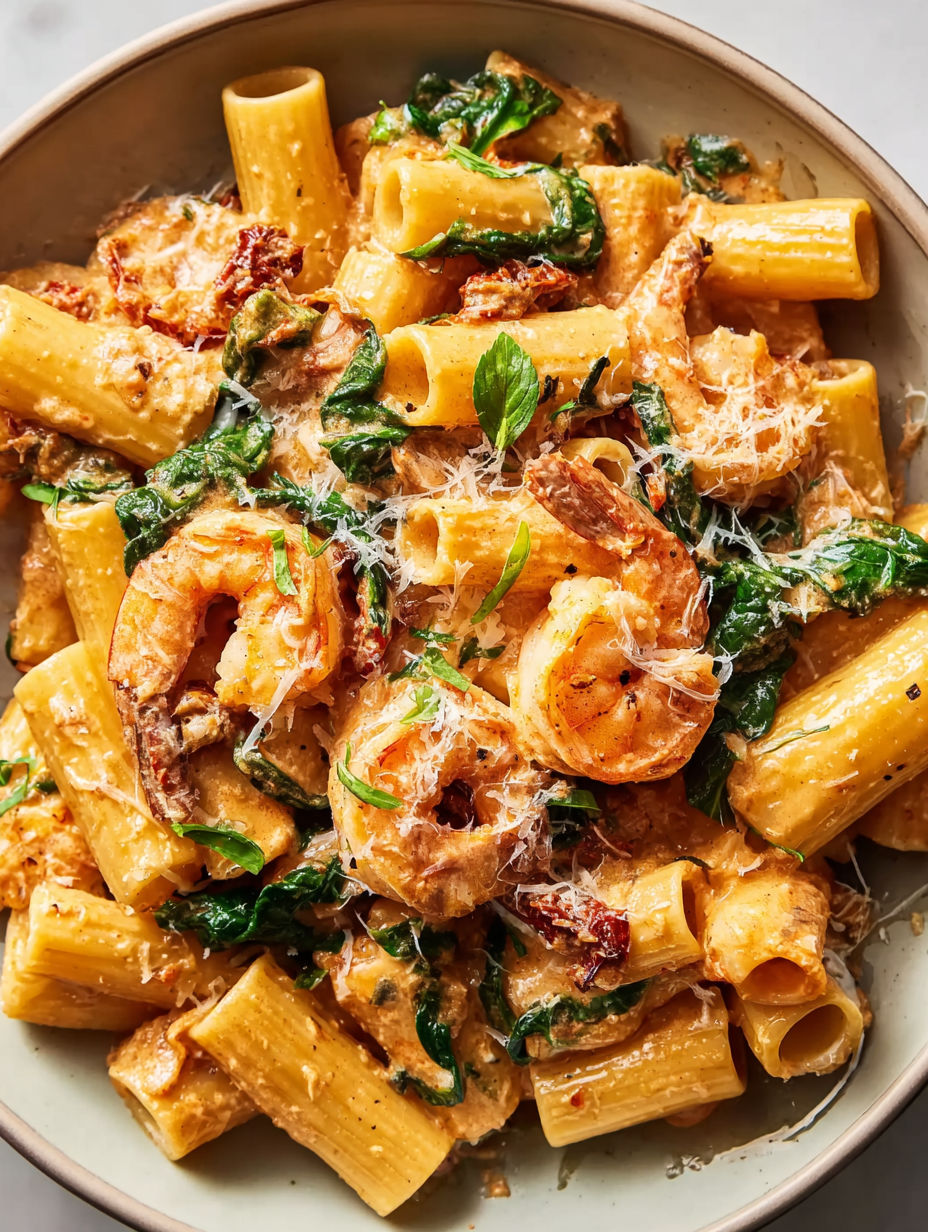 A bowl of shrimp and pasta.