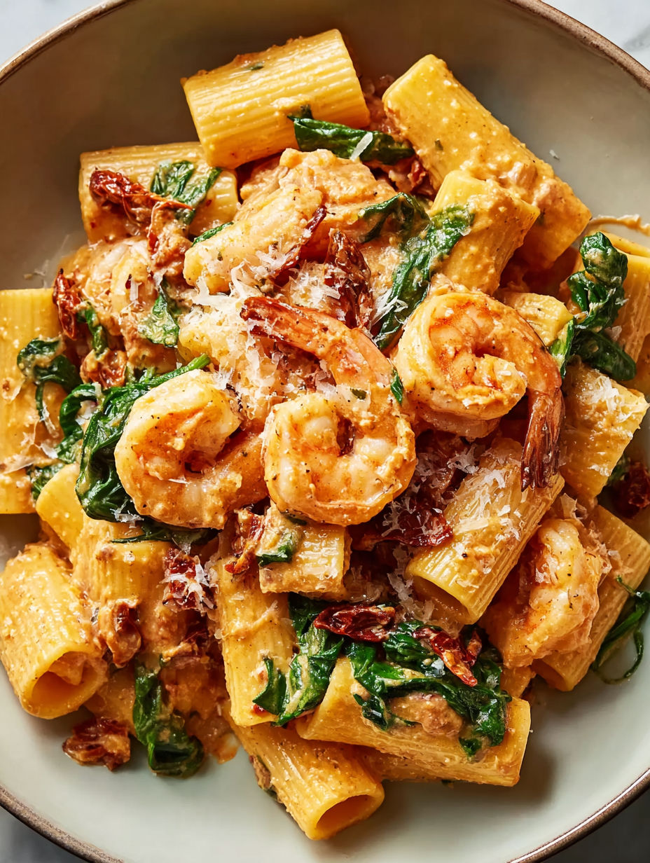 A plate of shrimp pasta with a green topping.