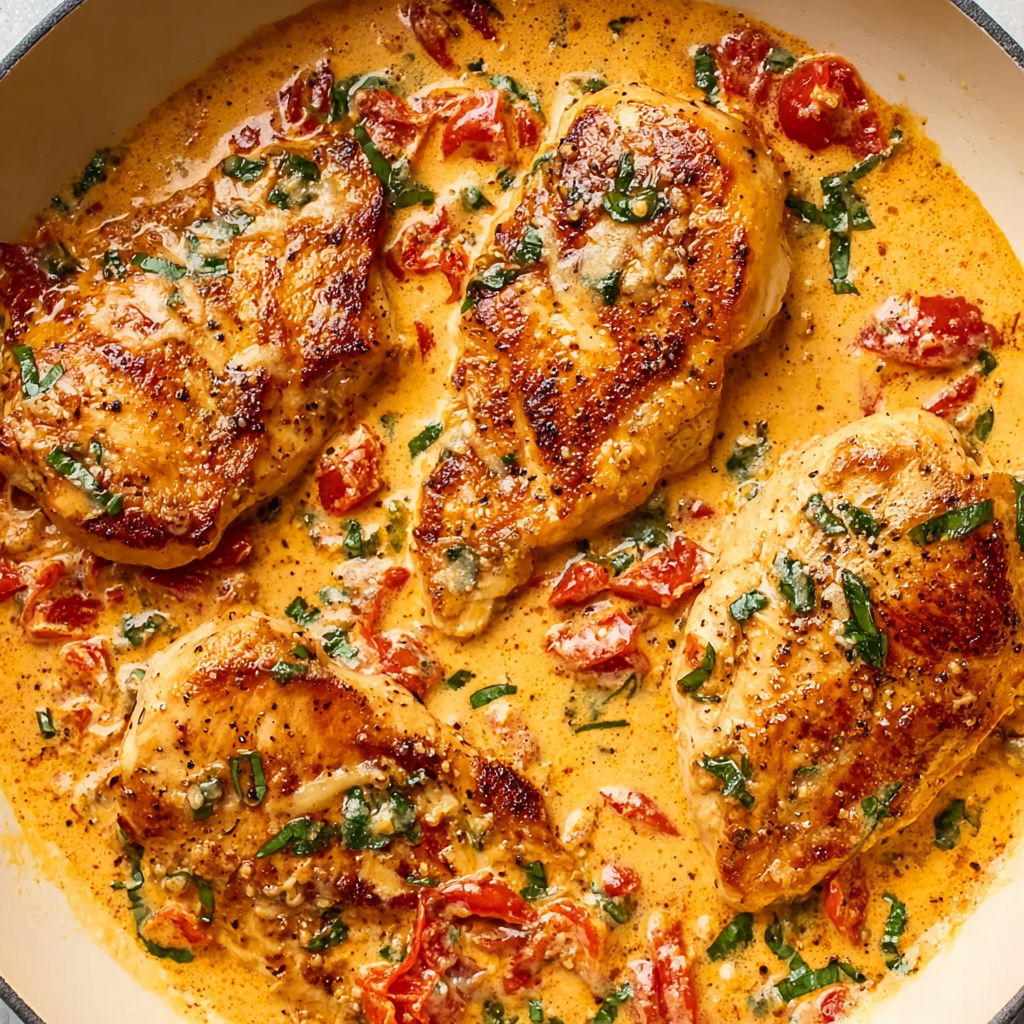 A plate of chicken with tomatoes and herbs.