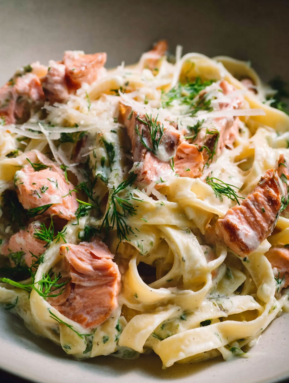 A bowl of pasta with salmon, dill, and parsley.