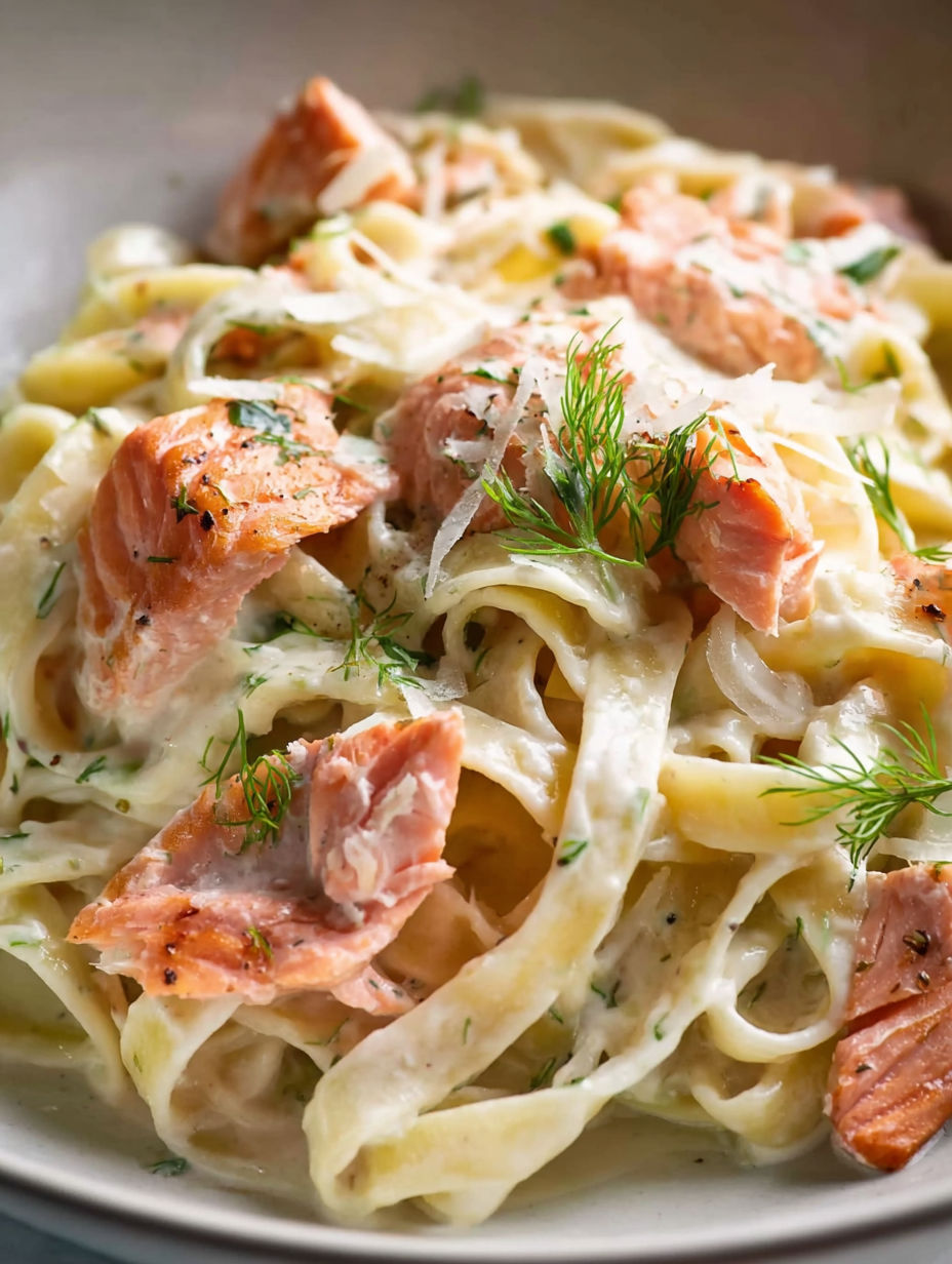 A dish of pasta with salmon and dill.