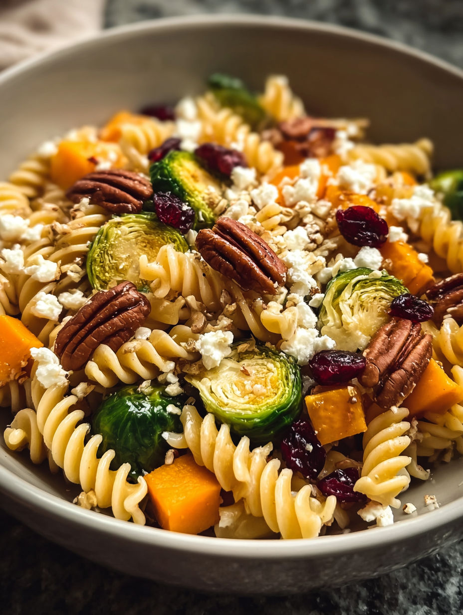 A bowl of pasta with vegetables and nuts.
