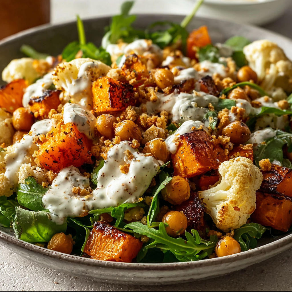 A bowl of vegetables with a golden tahini dressing.