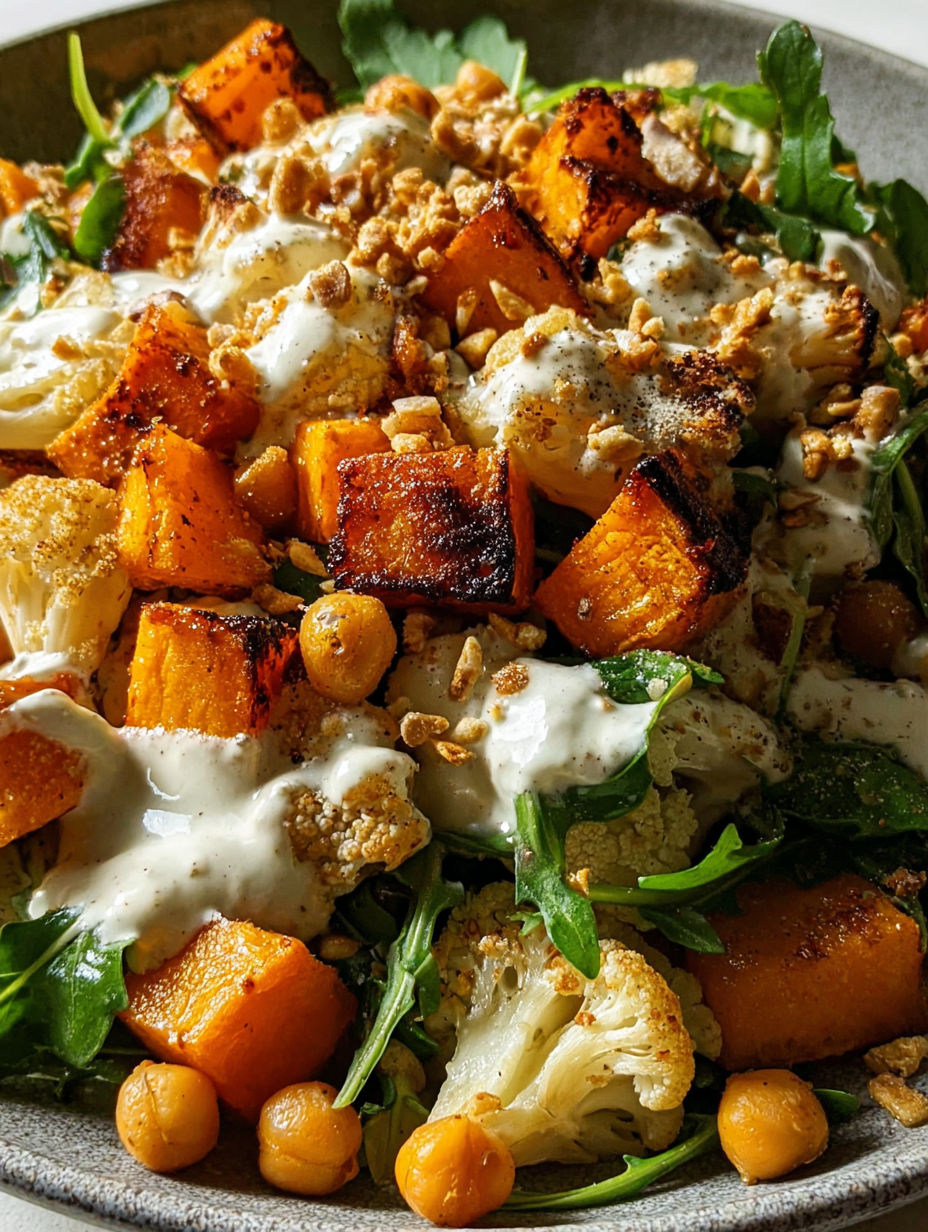 A glowing bowl of veggies with a golden tahini sauce.