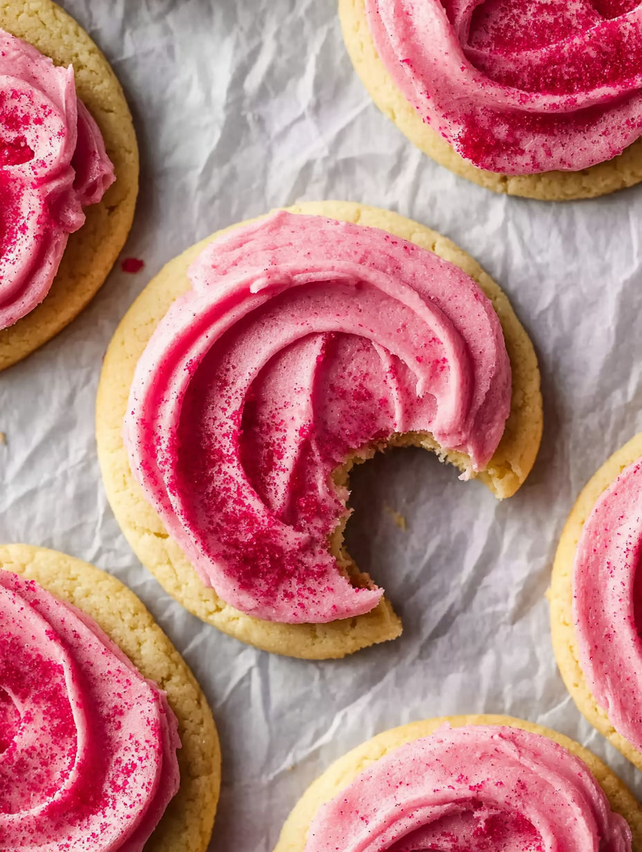 A cookie with pink frosting and a bite taken out of it.