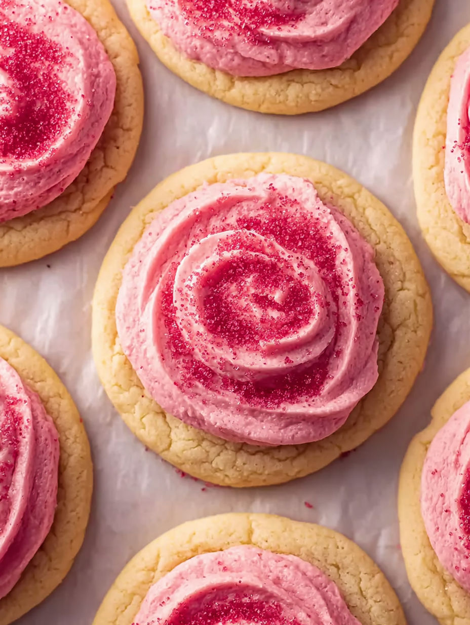 A cookie with pink frosting and sprinkles.