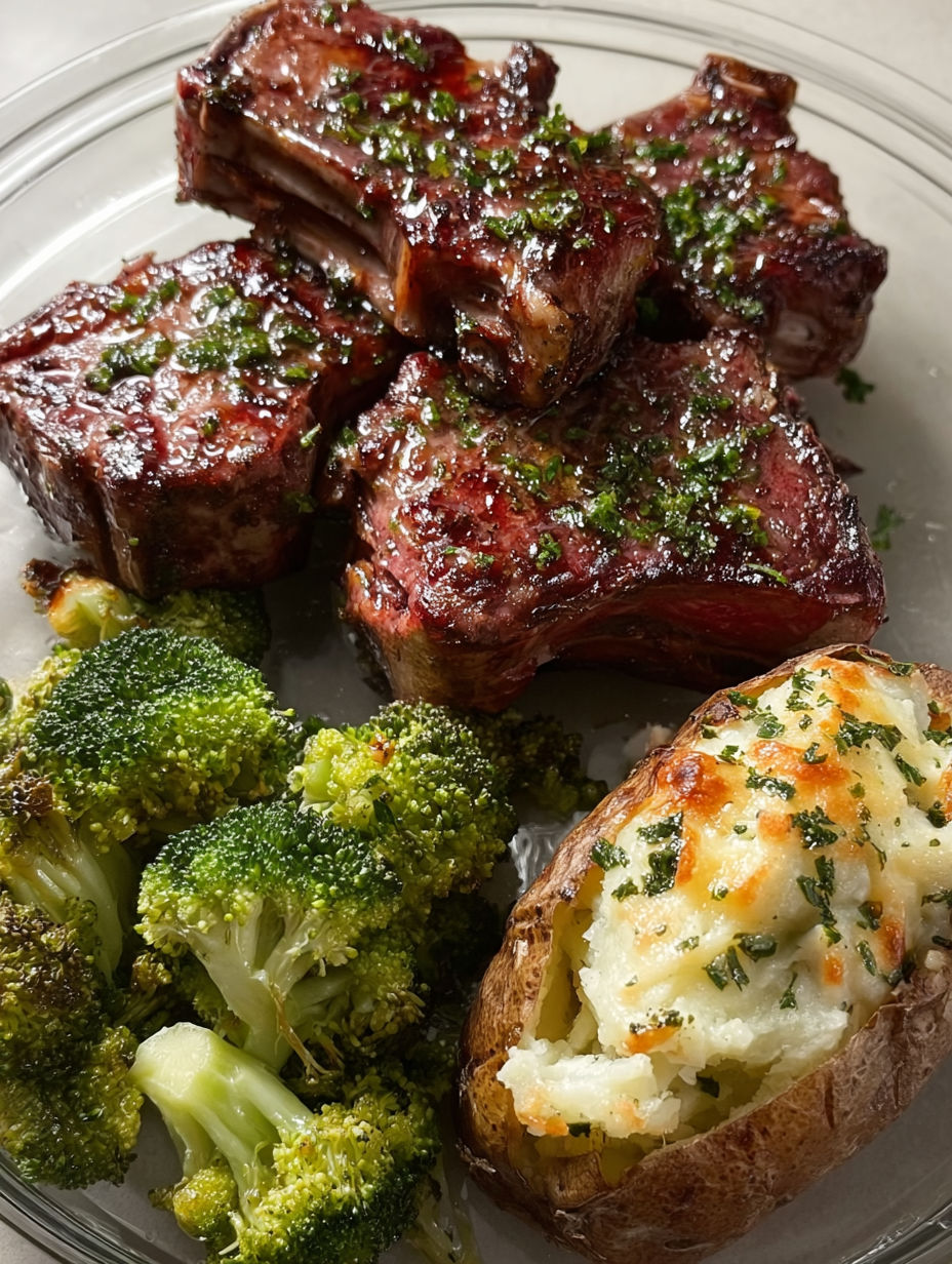 A plate of meat, potatoes, and broccoli.