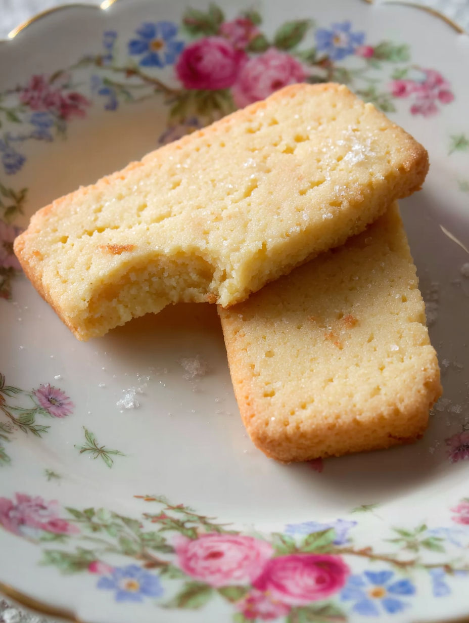 Two pieces of shortbread cookies on a plate.