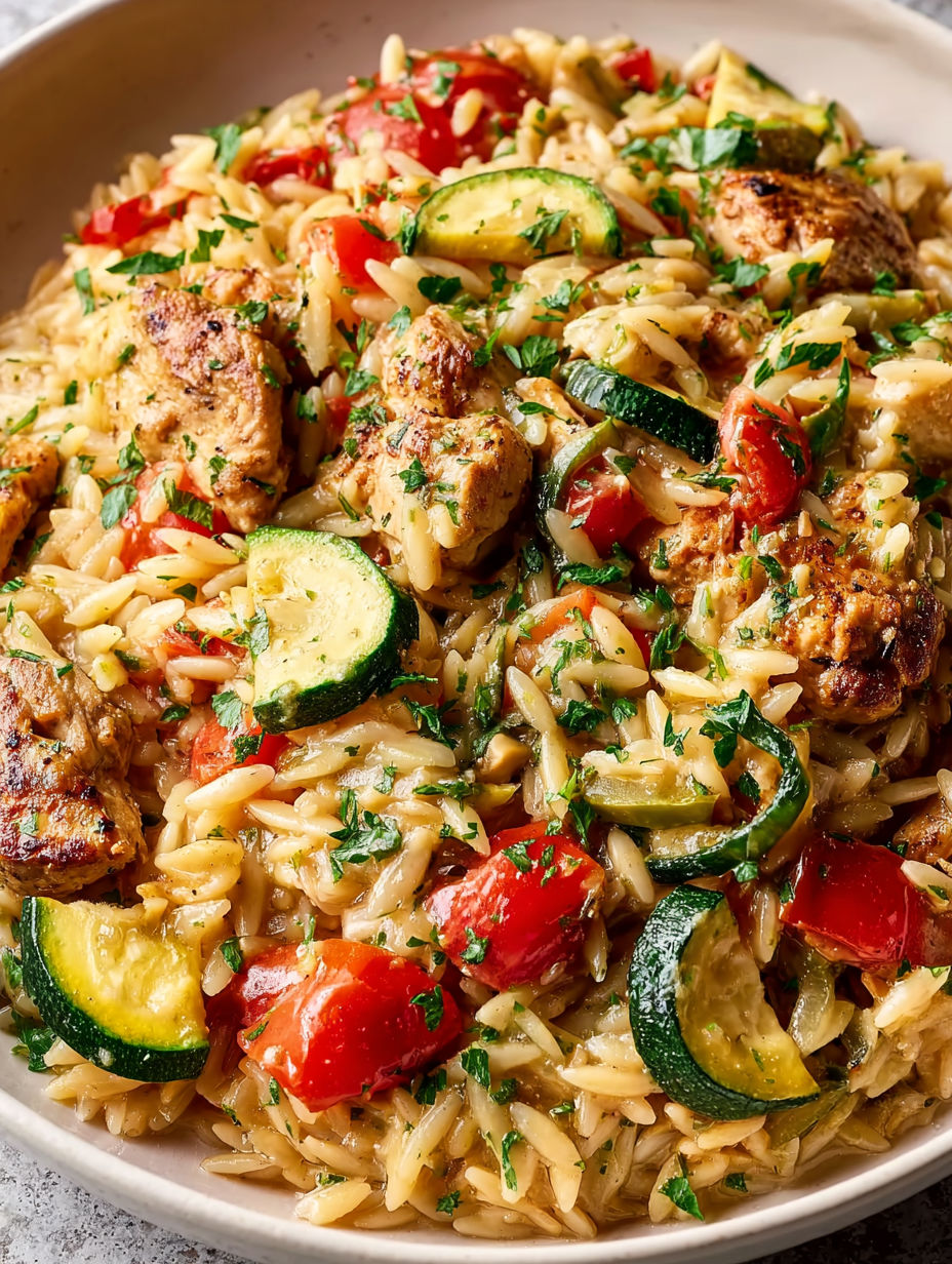 A plate of food with rice, chicken, tomatoes, and zucchini.