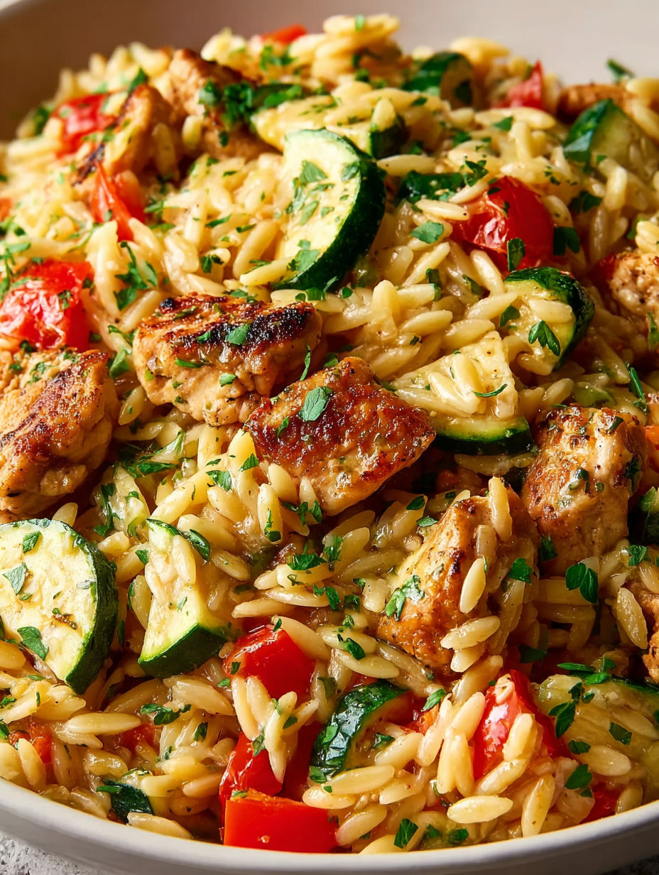A close up of a plate of rice with chicken, tomatoes, and zucchini.