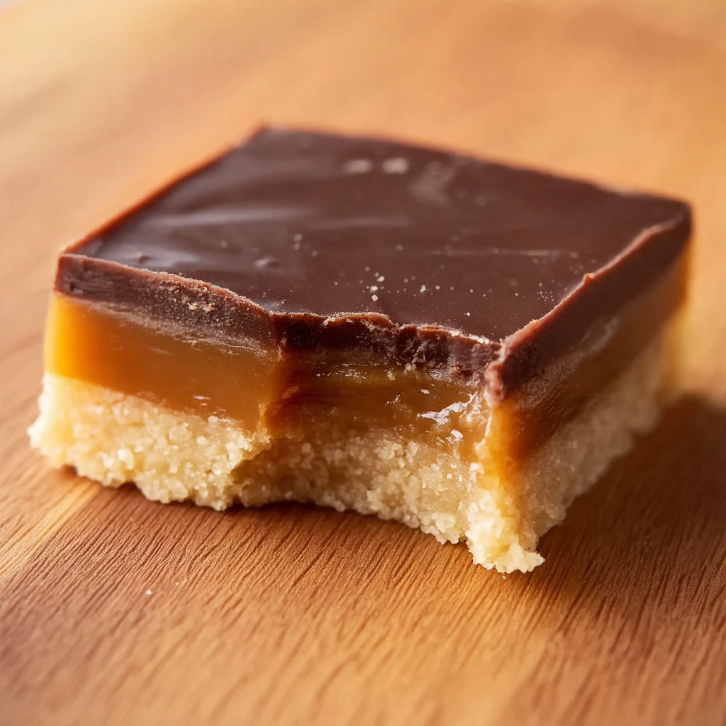 A Twix Cookie Bar on a wooden table.