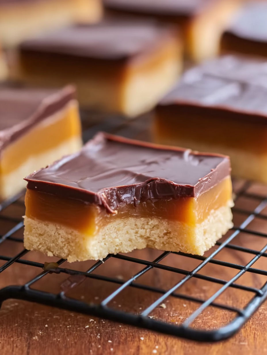 Twix Cookie Bars on a cooling rack.