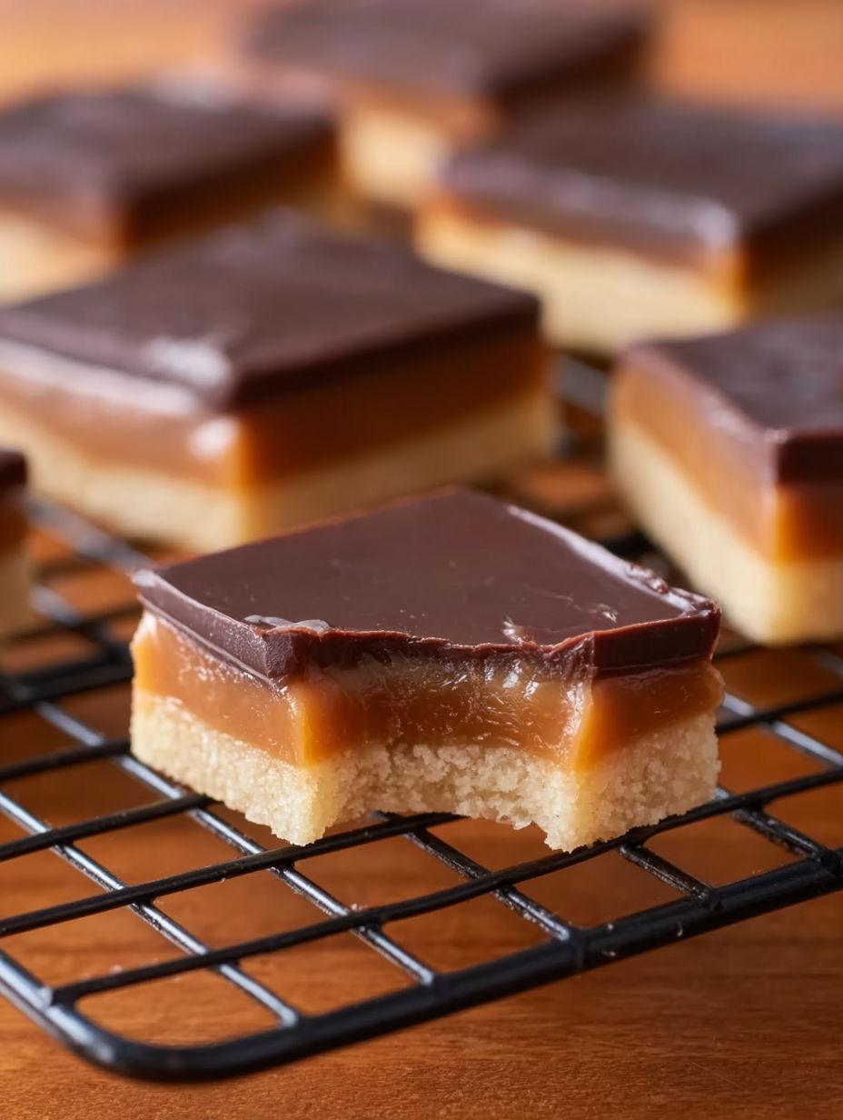 A close up of a Twix cookie bar.