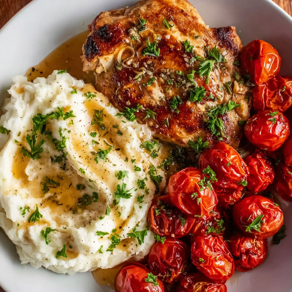 A plate of food with chicken, tomatoes, and potatoes.