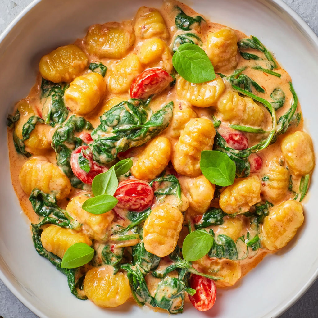 A bowl of food with gnocchi, spinach, and tomatoes.