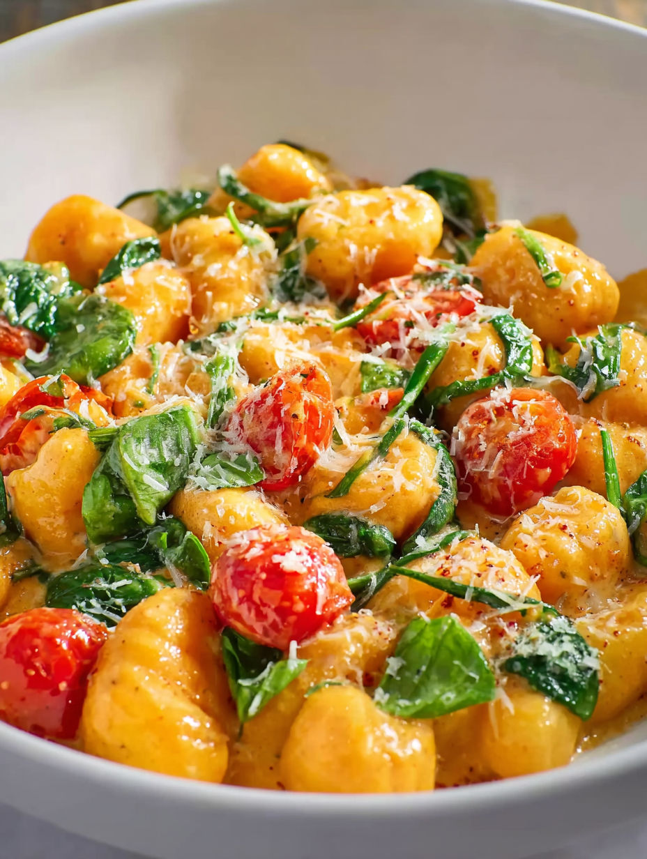 A bowl of pasta with tomatoes and spinach.