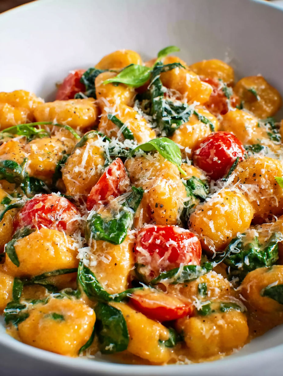 A bowl of gnocchi with tomatoes and spinach.