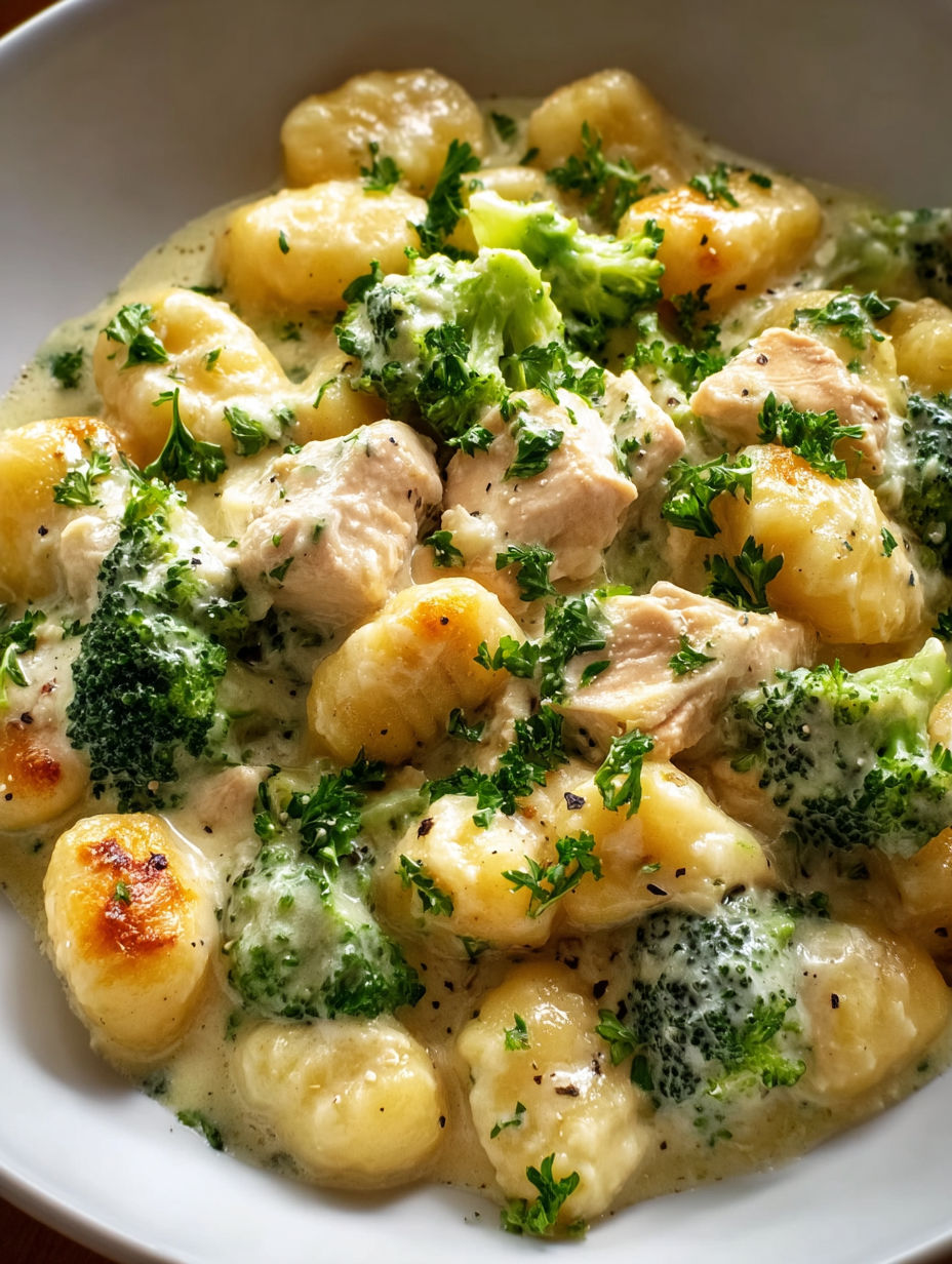 A bowl of creamy chicken and broccoli gnocchi.