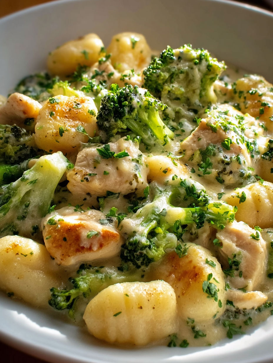 A creamy chicken and broccoli gnocchi dish.