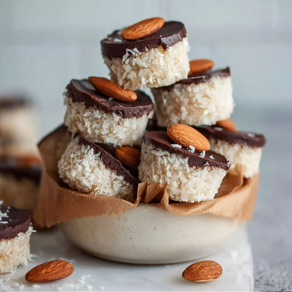 A bowl of almond joys with nuts and coconut on top.
