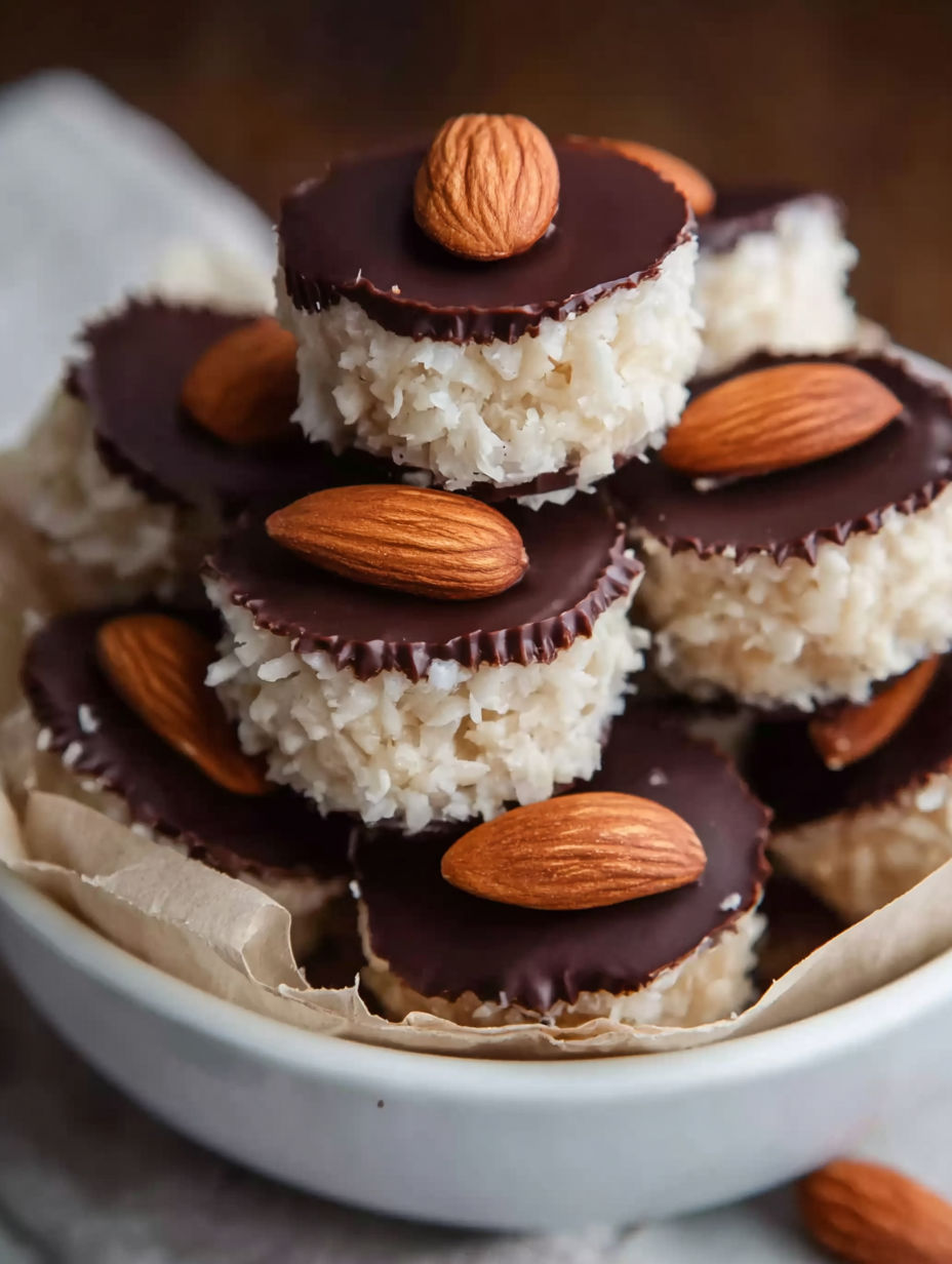 A bowl of almond joys with almonds on top.