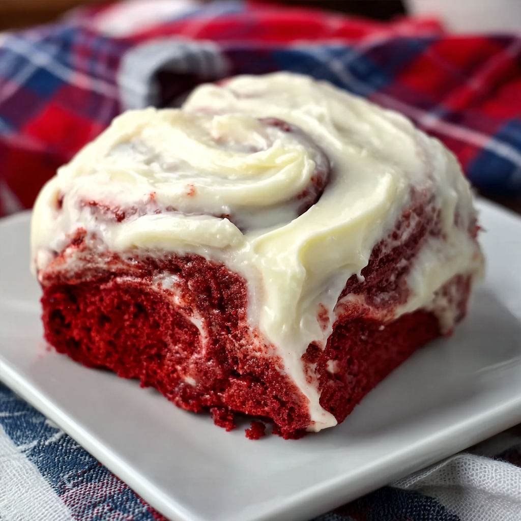 A red velvet cinnamon roll with white frosting.
