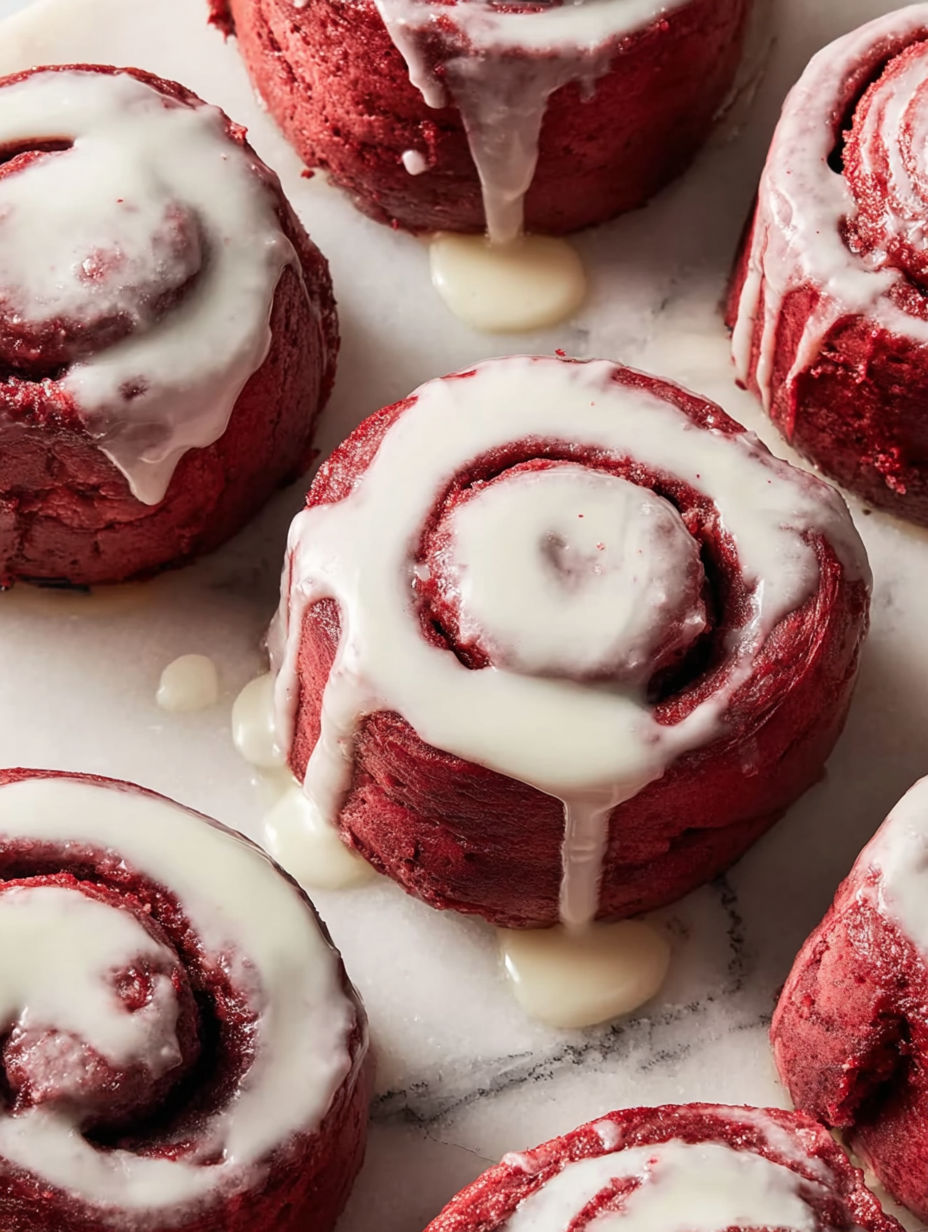 A red cake with white frosting.