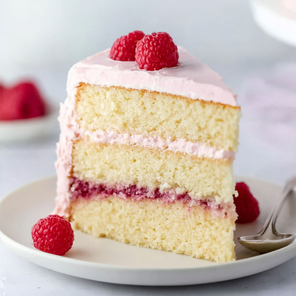 A slice of vanilla cake with raspberry filling.