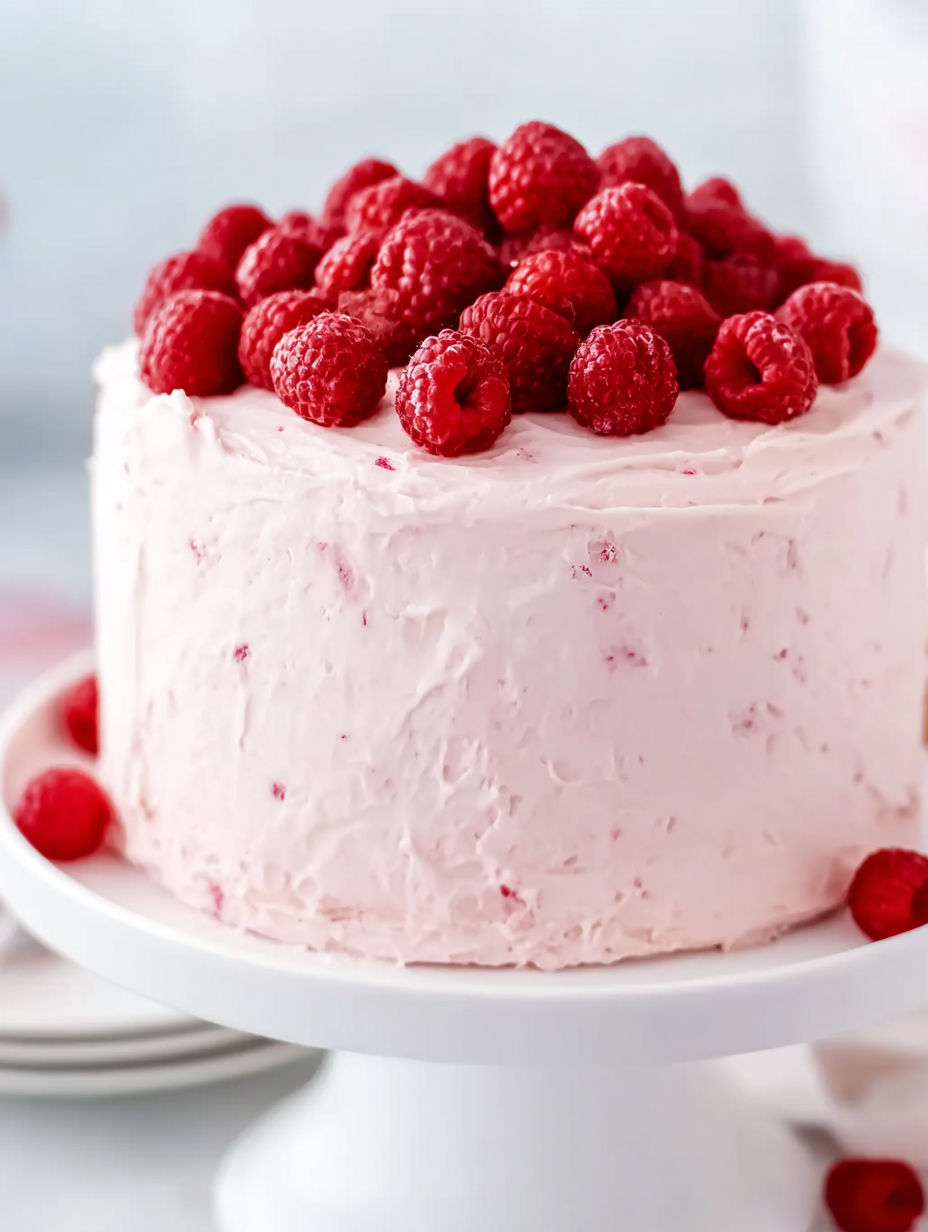 A cake with raspberries on top.