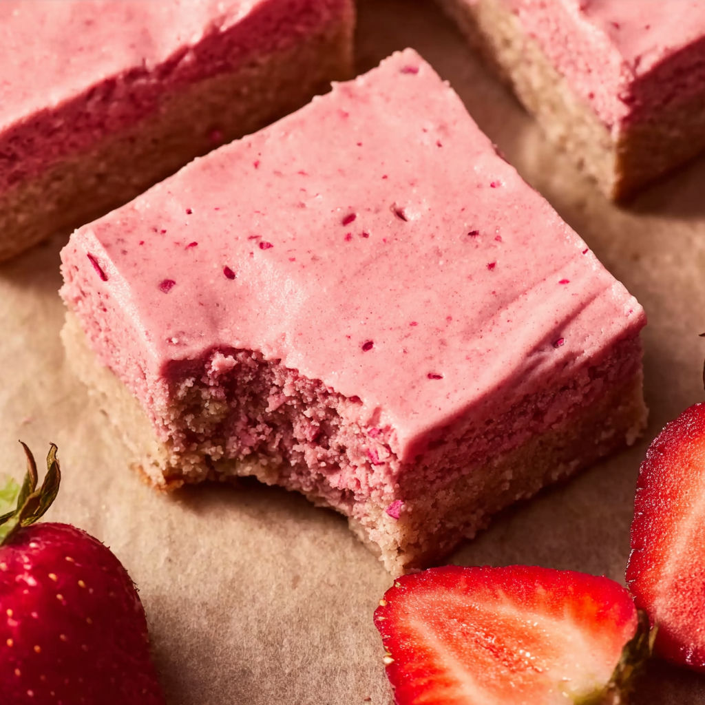 A slice of pink cake with strawberries on top.
