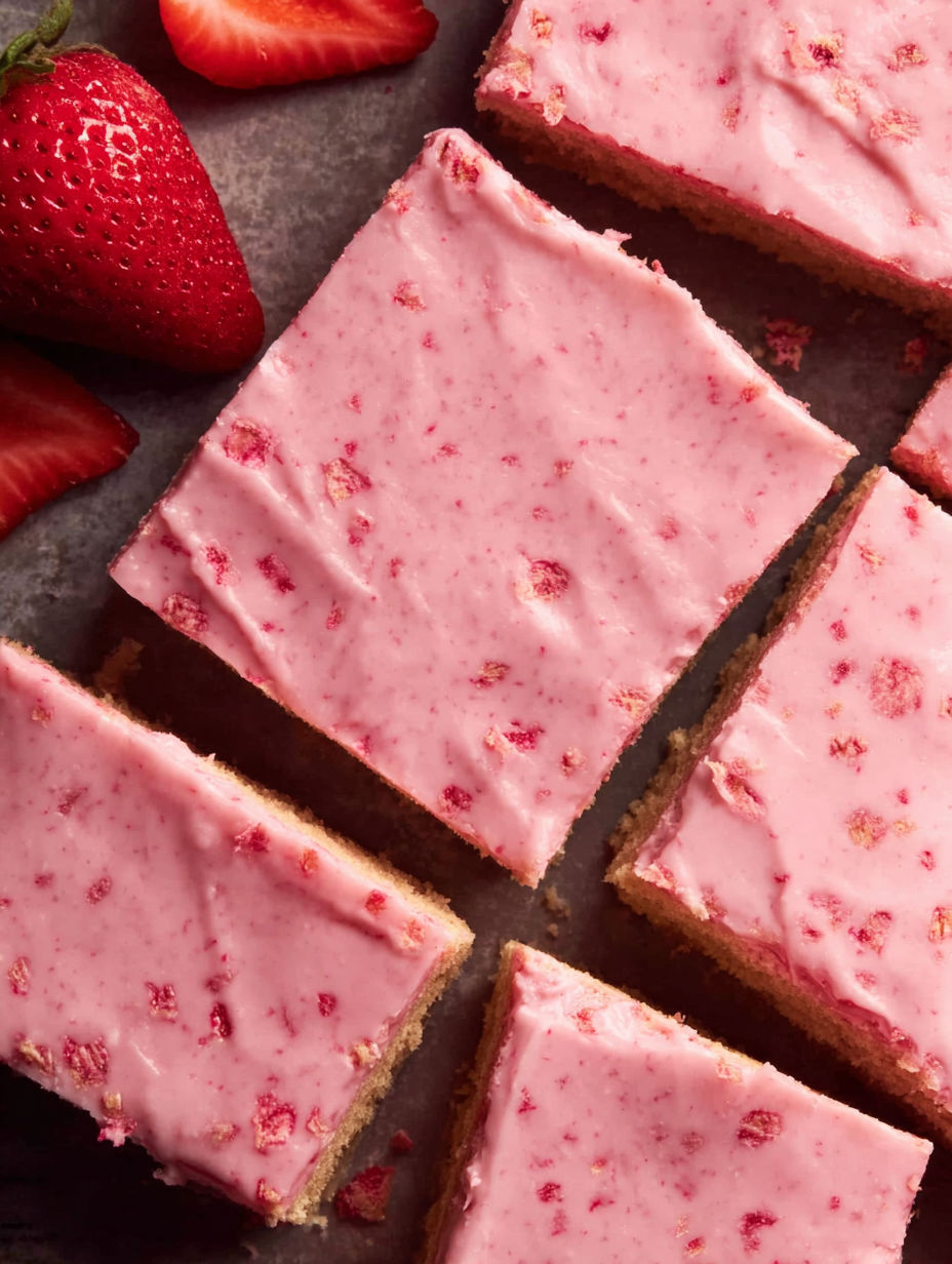 A slice of pink and white cake with strawberries on top.